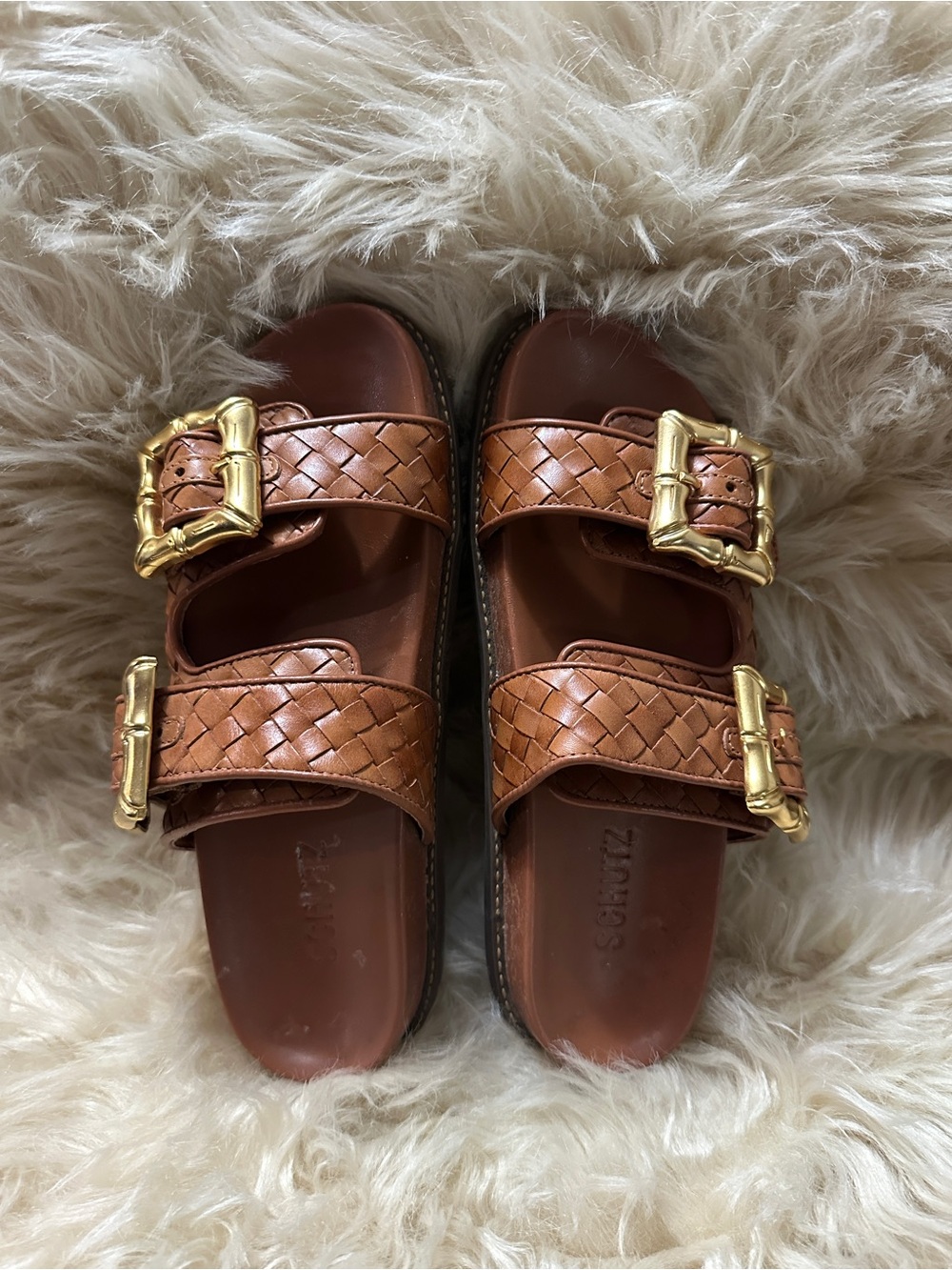 Woven Leather Double-Buckle Sandals in Cognac